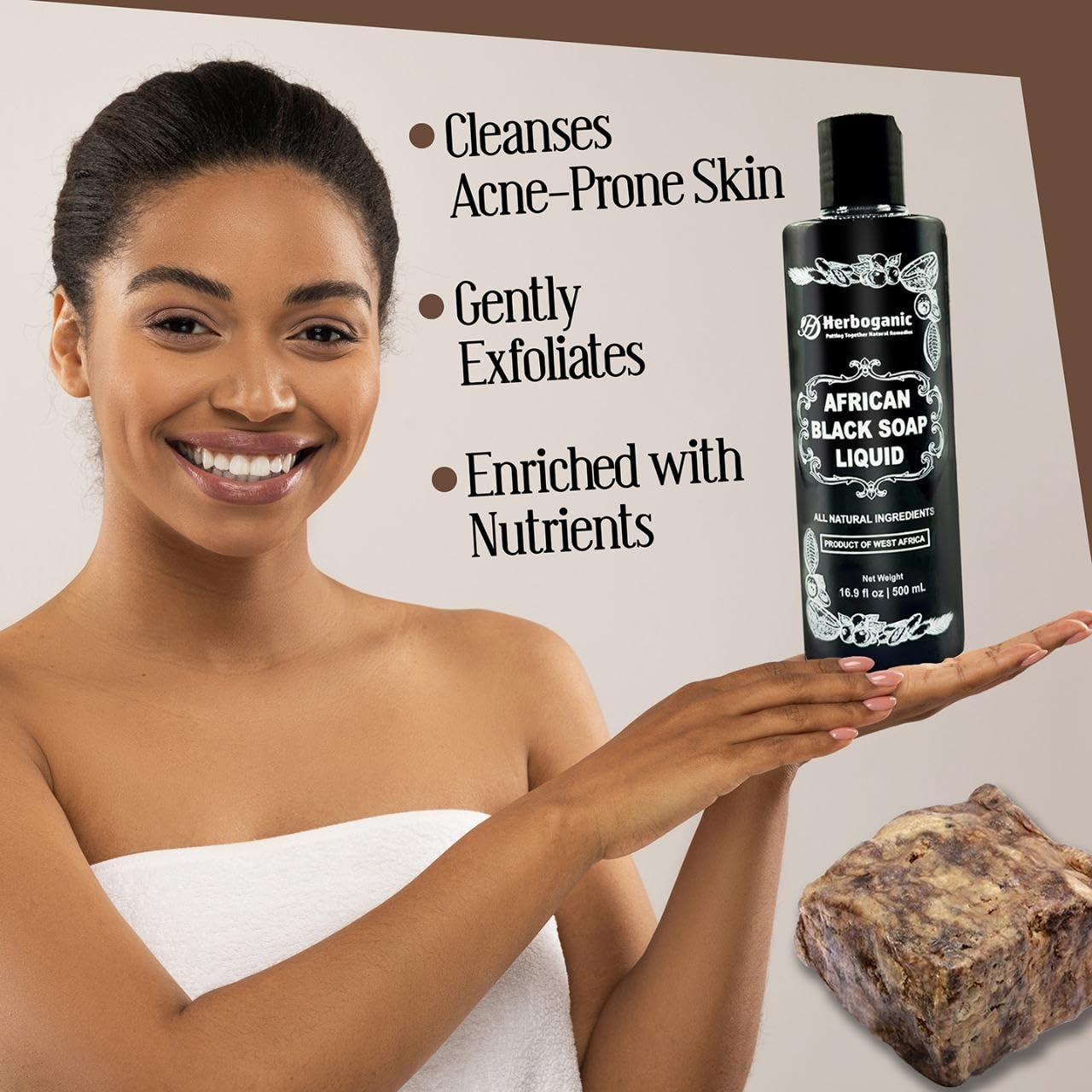 HERBOGANIC African Black Soap Liquid, Natural Liquid Soap From Ghana, Face & Body Wash Supports Moisturizing,Dry Skin, Scars and Dark Spots (16.9 fl oz)