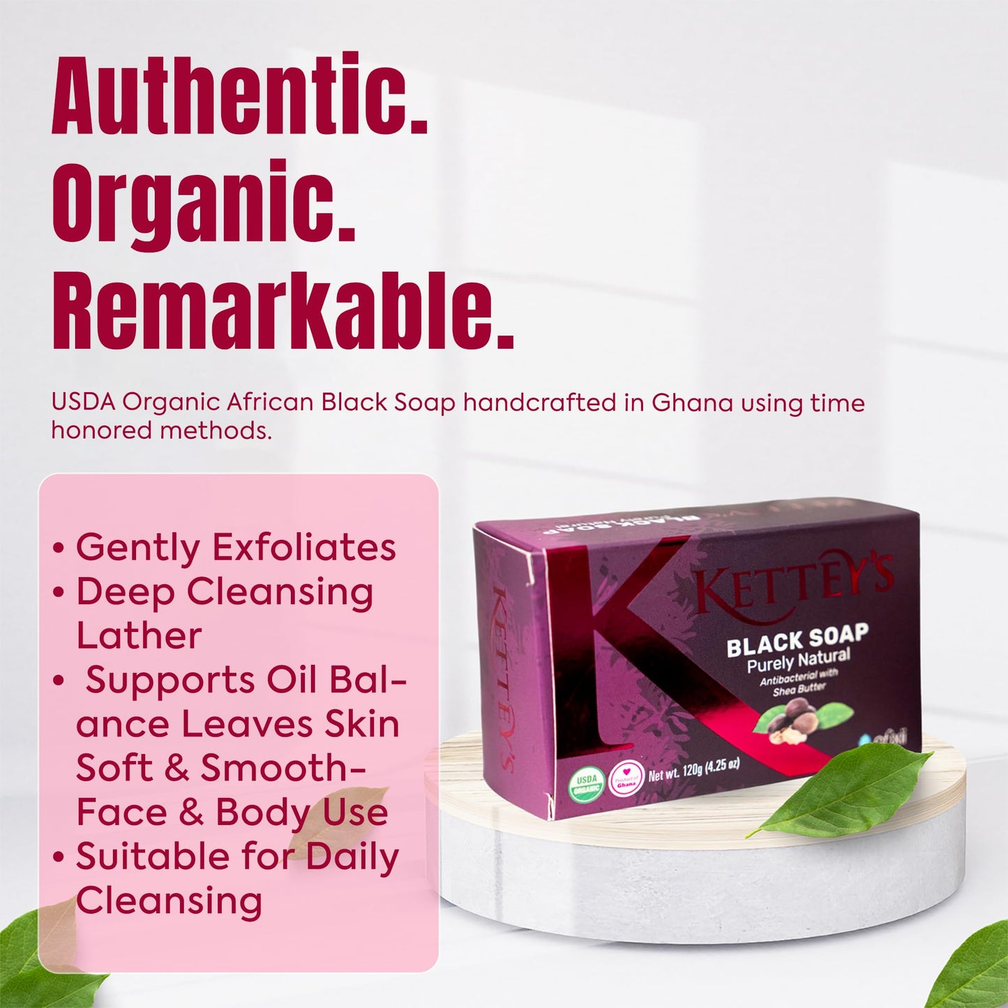 KETTEY'S African Black Soap Bar, 4.25 oz – USDA Organic, Natural Exfoliating Soap with Shea Butter, Gentle Face & Body Cleanser from Ghana (1, 5 lb)