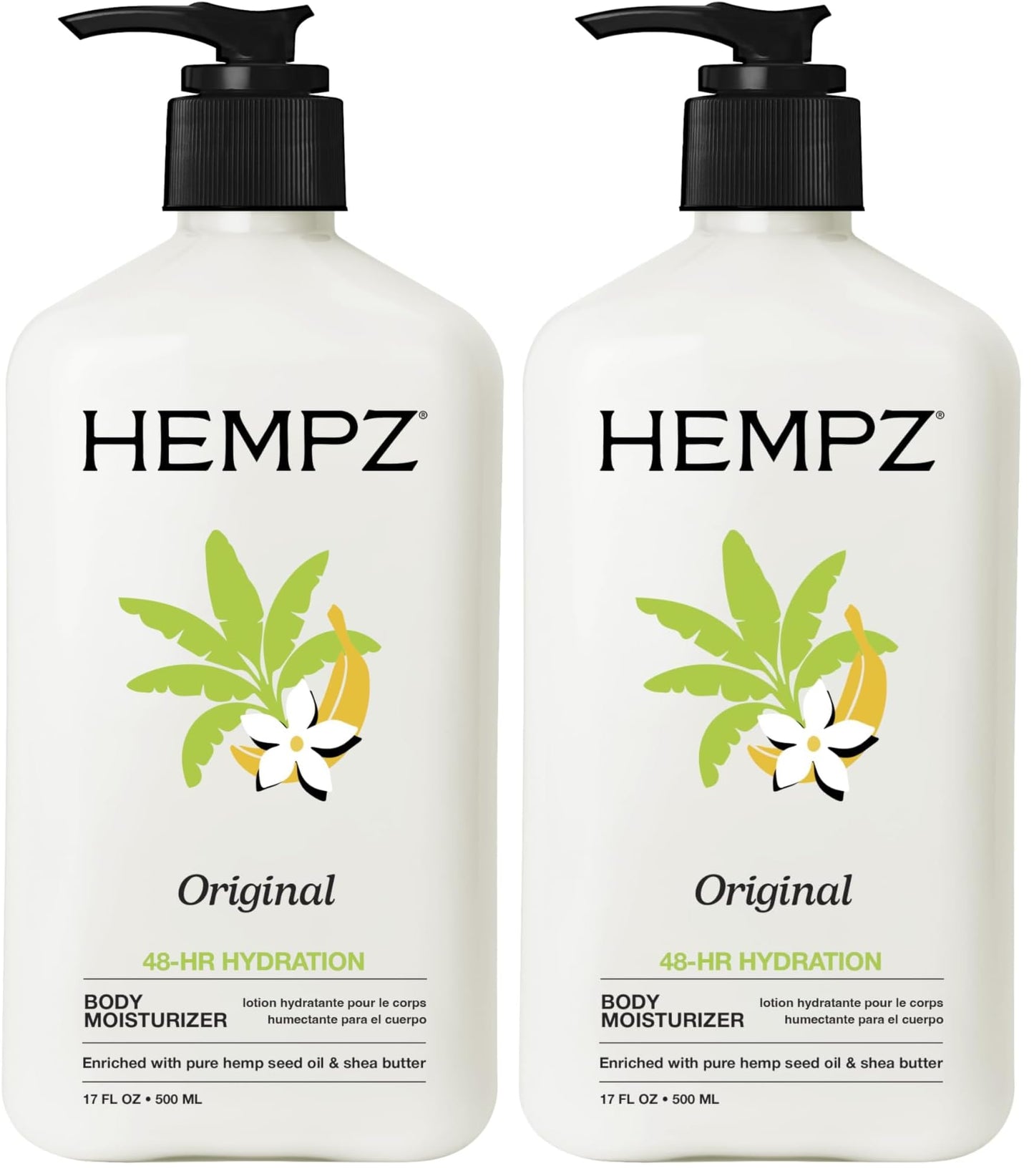 Hempz Original,Natural Hemp Seed Oil Body Moisturizer with Shea Butter and Ginseng,Original Scent,Floral Banana,17 Fl.Oz (Packaging may vary),(Pack of 2)