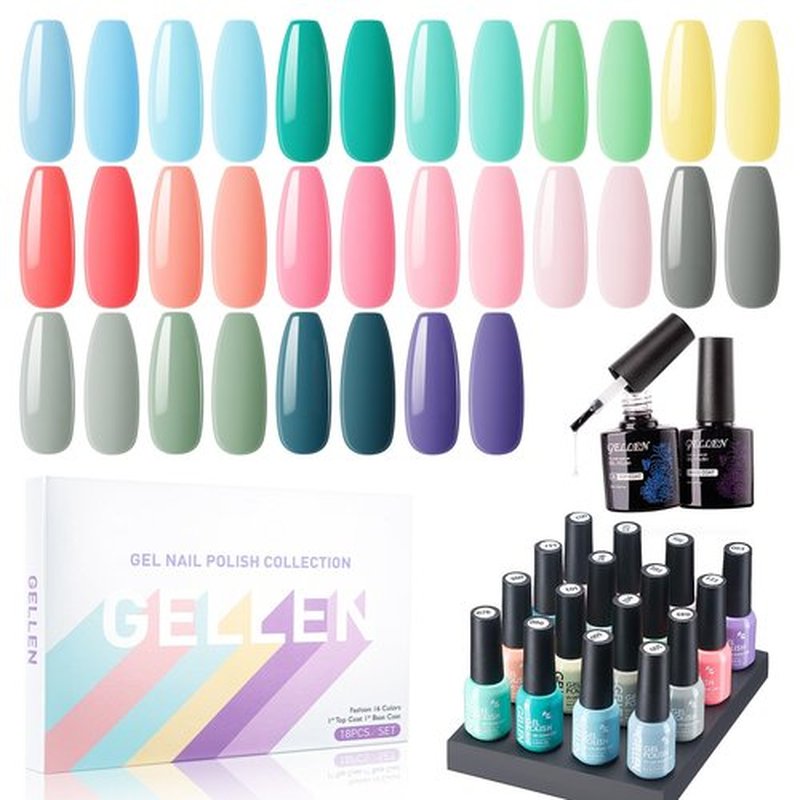 Gellen Gel Nail Polish, 16 Colors Gel Nail Polish Set, Need U V Cured Gel Nail Polish Set for Gift, Including Gellen Gel Base and Top Coat for Nails Prep