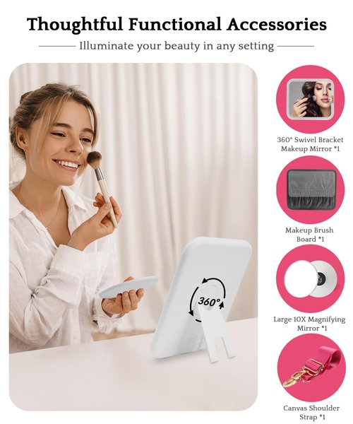 MOMIRA Travel Makeup Bag Cosmetic Bag with Lighted Mirror, Adjustable Brightness in 3 Color Scenarios/Detachable makeup mirror, 2024-All-round Upgrade, Waterproof, Gift for Women -Rose Red