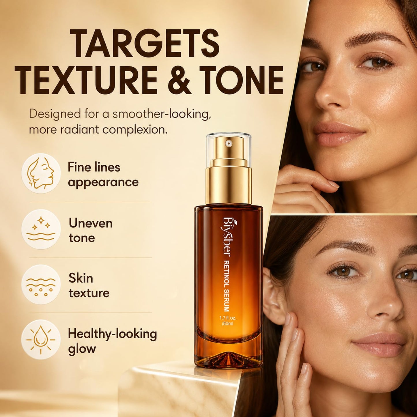 BIYSBER Retinol Collagen Serum for Face: Anti Aging & Anti Wrinkle Repair Peptide Serum - Day/Night Facial Firming Neck Plump Skin Care for Women/Men (1.69 Fl Oz)