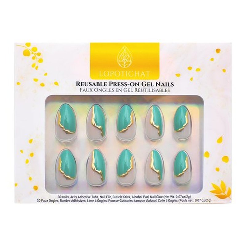 Lopotichat Press On Nails - Cascade Turquoise | Soft Gel X Nail Kit - 30pcs Short Almond Nails in 15 Sizes | Reusable Fake Nails with Glue for Perfect Spring Nails | Achieve Effortless Style