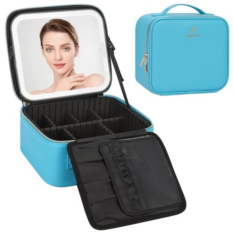 Relavel Travel Makeup Bag With LED Mirror, Cosmetic Train Case with Light up Mirror, Portable Makeup Artist Organizer Bag with Adjustable Dividers, Makeup Brush Holder Storage, Blue