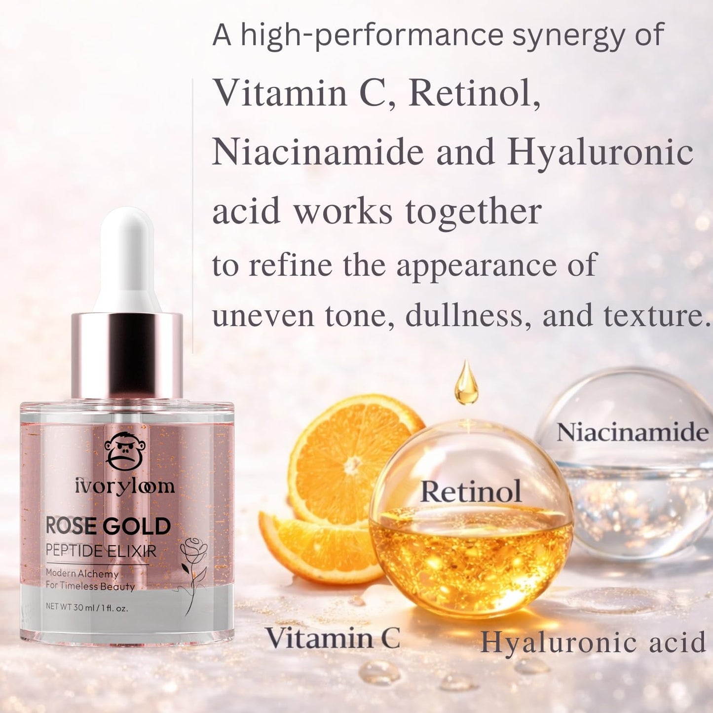 ivoryloom Rose Gold Peptide Elixir Face Serum | 24K Gold, Rose Extract, Peptides, Hyaluronic Acid, Vitamin C & Niacinamide | Luxury Hydrating Brightening Serum for Radiant Skin | 1 fl oz