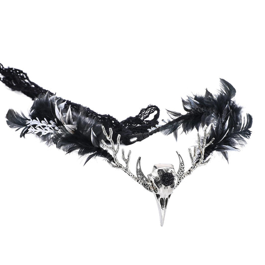 MOSTORY Handmade Black Raven Feather Crown - Gothic Elf Circlet with Raven Skull Dark Moon Tiara for Women Girls Halloween Cosplay Renaissance Wedding Witch Sorcerer Photo Shoot