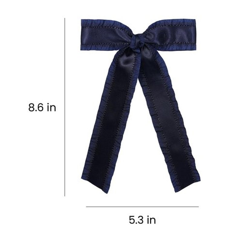 Big Silky Satin Hair Bows Hair Clip Navy Blue Ruffle Ribbon Ponytail Holder Decor Accessories with Long Tail Slides Metal Clips Hair Bow for Women Girls Toddlers Teens Kids 5.5 Inch