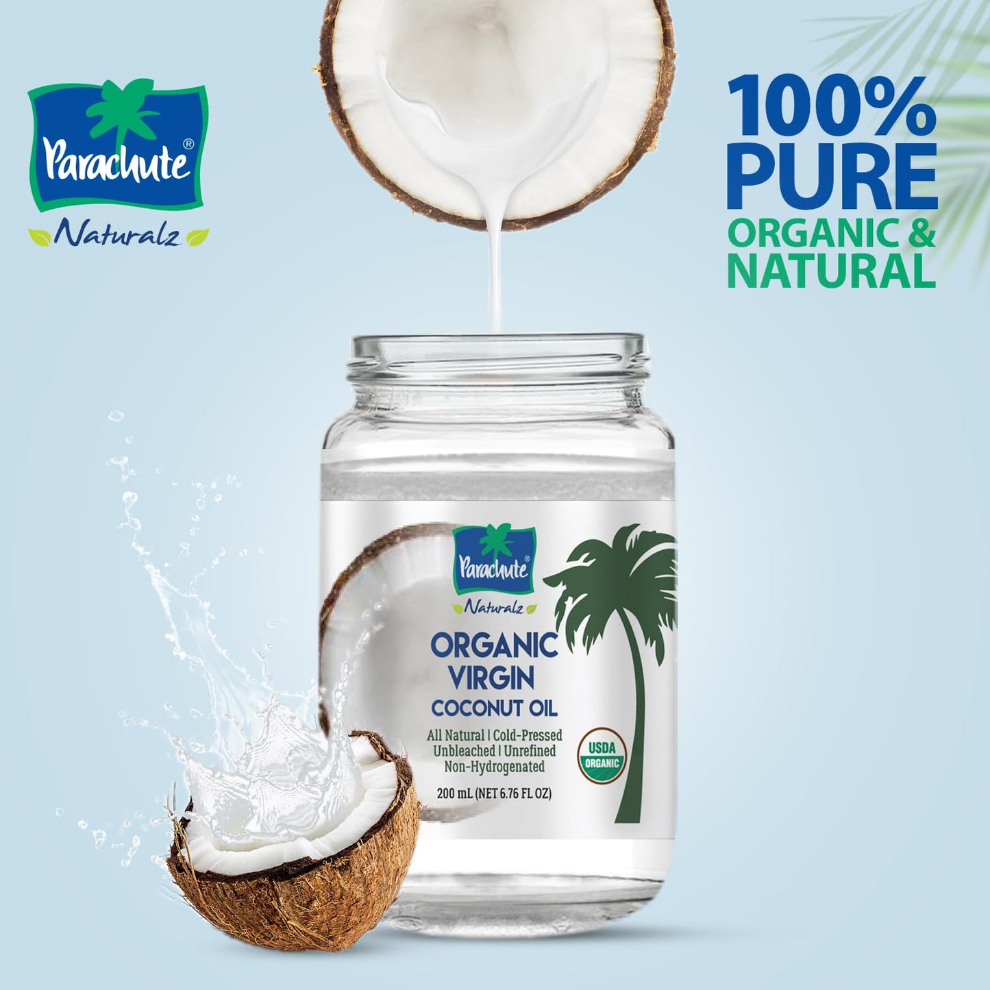 Parachute Naturalz Organic Virgin Coconut Oil | Cold Pressed | Unbleached | Unrefined | Non-Hydrogenated | MCT Oil | USDA Certified |16 Fl. Oz | Glass Jar | Pack of 2