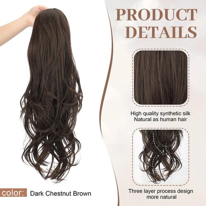 KooKaStyle Ponytail Extensions, 22 inch Long Dark Chestnut Brown Drawstring Wavy Clip in Ponytail Hair Extensions Layered Synthetic Hairpiece for Women