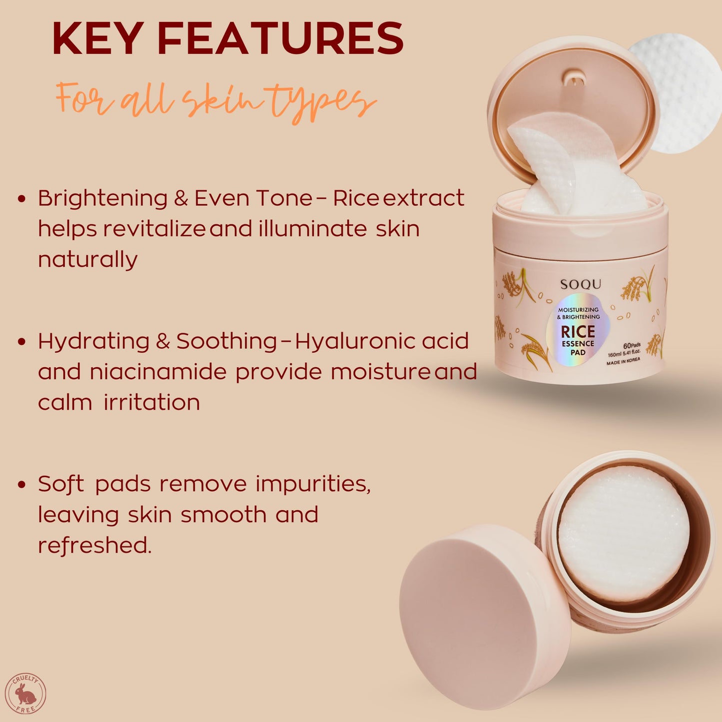 SOQU Rice Essence Pad – Moisturizing & Brightening Facial Pads with Rice Extract, Hyaluronic Acid & Niacinamide – 60 Pads (160ml, Made in Korea)