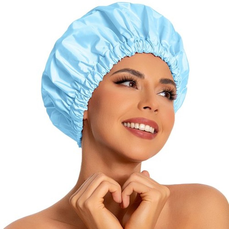 Reusable Shower Cap for Women, Large Waterproof Shower Bonnet Washable Elastic Band Bath Hair Hat for Long Hair, Braids(Light Blue)