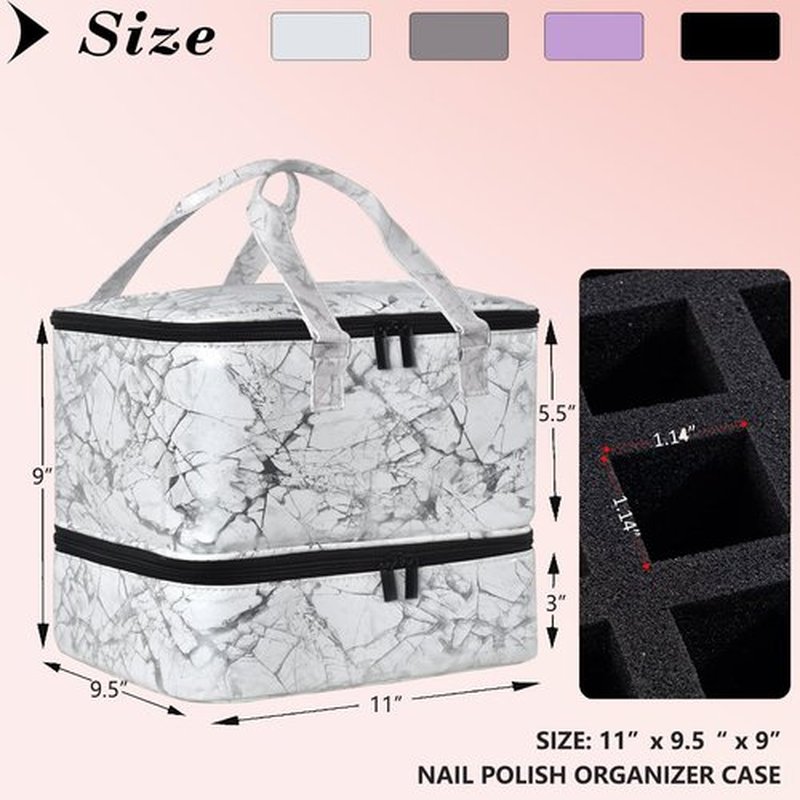 FCQQYWZ Nail Polish Organizer Case - Holds 42+ Bottles (15ml/0.5 fl.oz) and 1 Nail Lamp, Upgraded Double-layer Nail Polish Carrying Case Nail Polish Storage Bag with Handles (White)