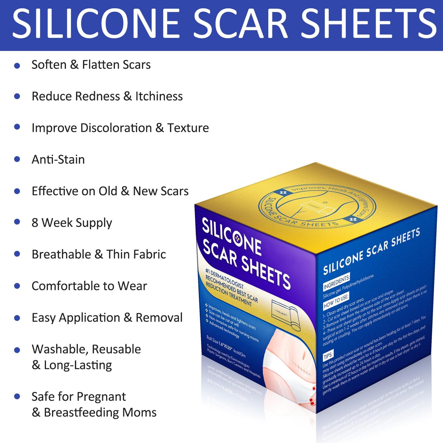 Silicone Scar Sheets (1.6” x 120”), Clear Gel Silicone Scar Tape, Invisible Medical Grade Scar Silicone Strips, Transparent Advanced Removal Scar Patches for C-Section, Keloids, Burn, Acne