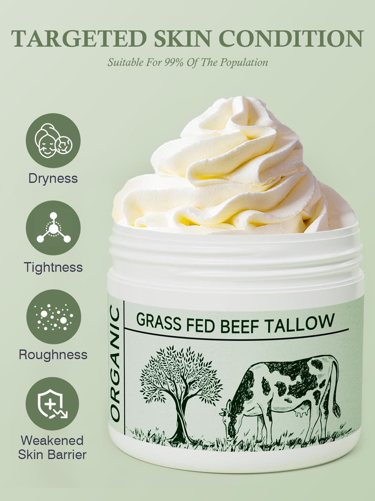 Beef Tallow, Tallow Face Moisturizer, Beef Tallow for Skin, Unscented 100% Organic Beef Tallow Blam Grass Fed Finished Whipped Tallow Face Cream Moisturizer Body Lotion Skin Care for Sensitive Skin