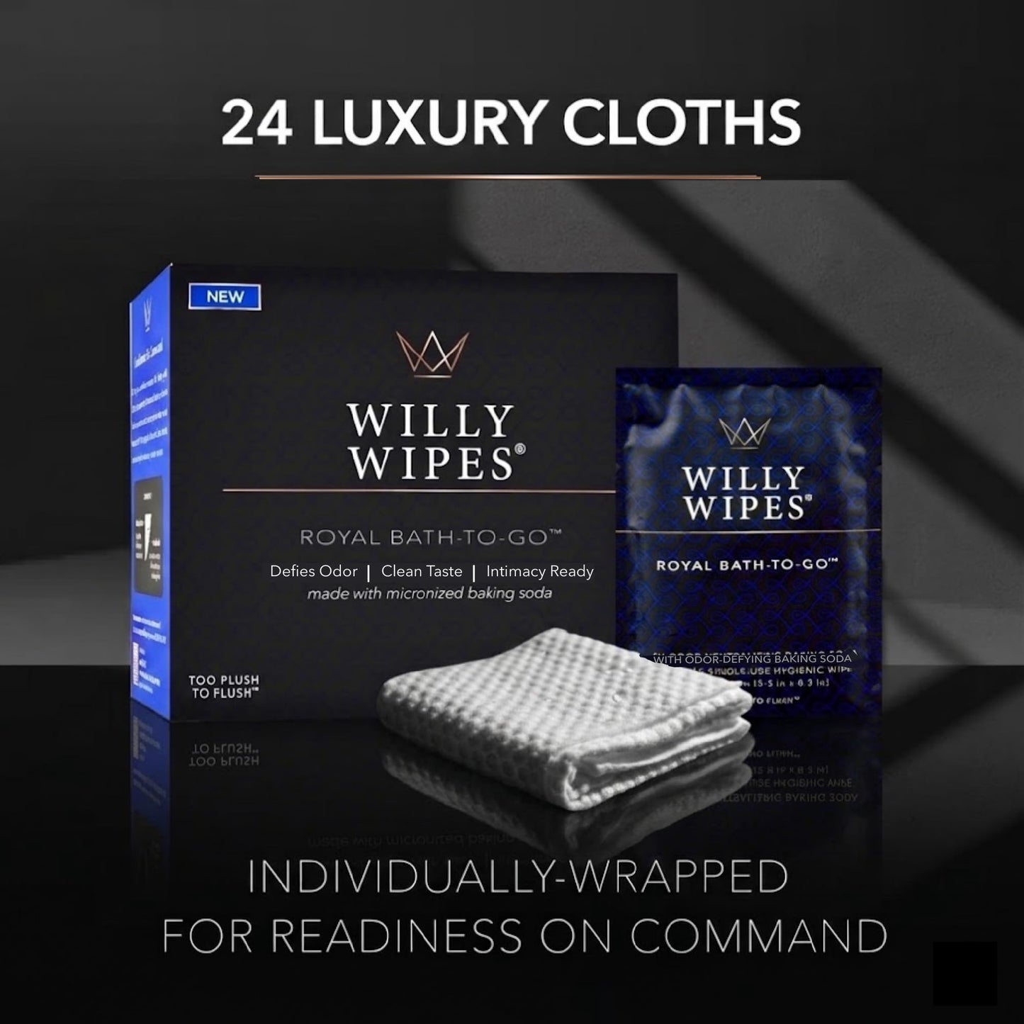 WILLY WIPES® for Men | The Imperial Box (24-Count) | Premium Textured Intimate Hygiene Washcloths | Odor-Defying Single Packets | Foreskin Safe & Residue Free Royal Bath-to-Go