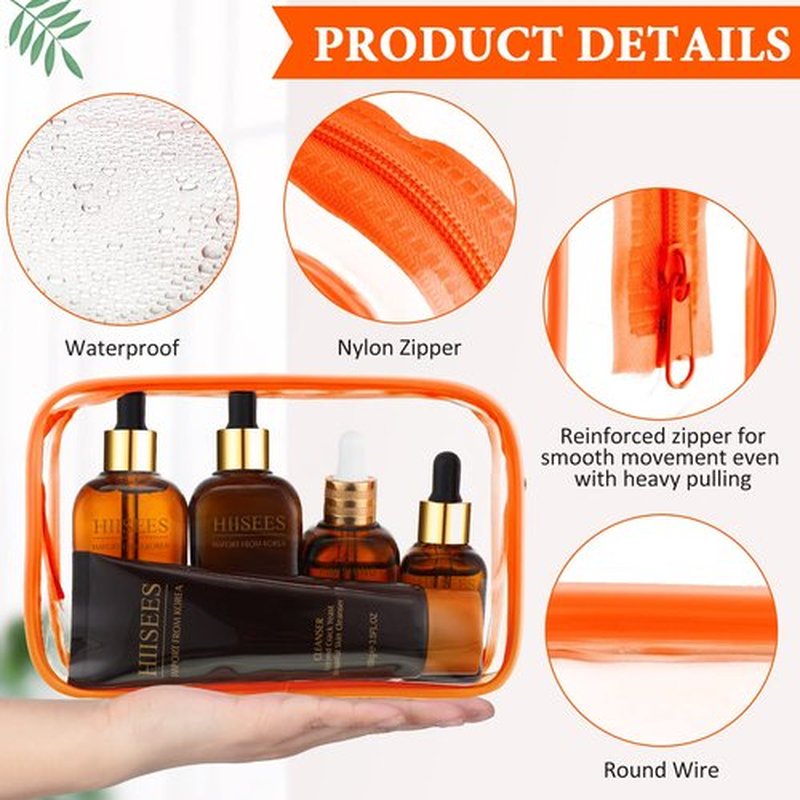 Weewooday 12 Pieces Clear Cosmetics Bag PVC Zippered Clear Toiletry Carry Pouch Cosmetic Makeup Bag Waterproof Makeup Bag Vinyl Plastic Organizer Case for Vacation Bathroom(Medium,Orange)