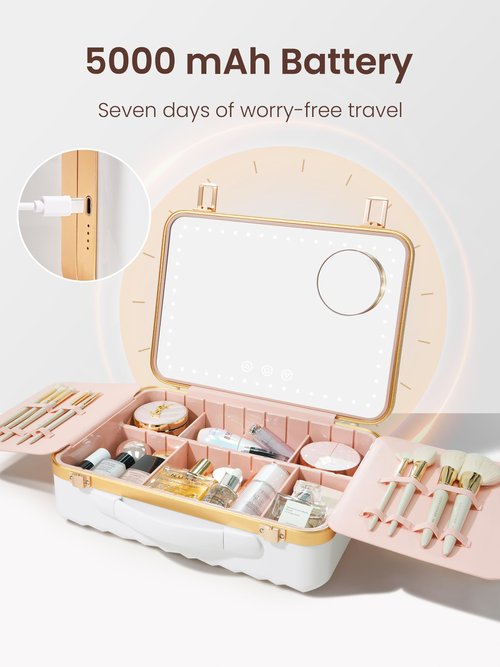 ROWNYEON Travel Makeup Case With Light Up Mirror Removable divider Portable Train Case Organizer Makeup Box for Girls Makeup Artist, Makeup Tools, Hairstylist Travel Makeup Case With 10x Mirror(White)