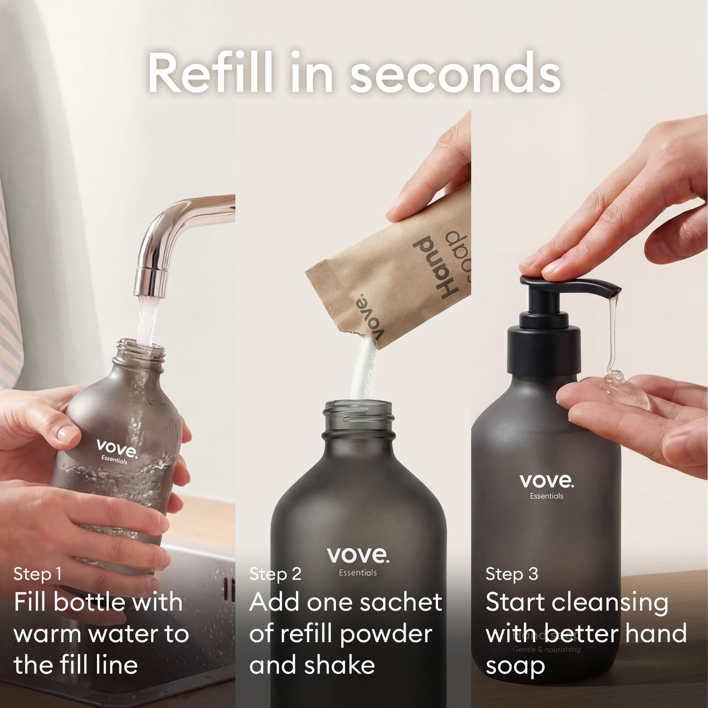 Vove Hand Soap Refills 3-Pack, Mandarin, Geranium & Cedarwood, Powder-to-Gel Hand Wash with Aloe Vera & Cactus Extract, Plant-Based Formula, Moisturizing Allantoin, Plastic-Free Compostable Packaging