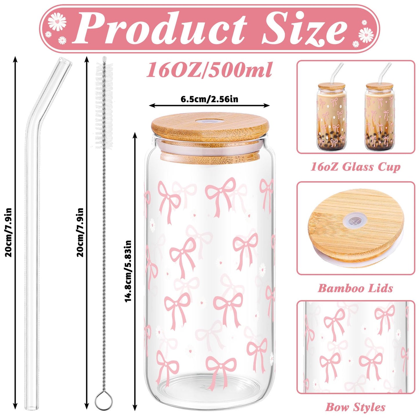 2 Pcs Cute Glass Cups with Lids and Straws, Pink School Supplies 16oz Coquette Pink Bow Iced Coffee Girly Preppy Design Tumbler Mug for Girls Women Kids Bridesmaid Birthday Wedding Bride Shower Gifts