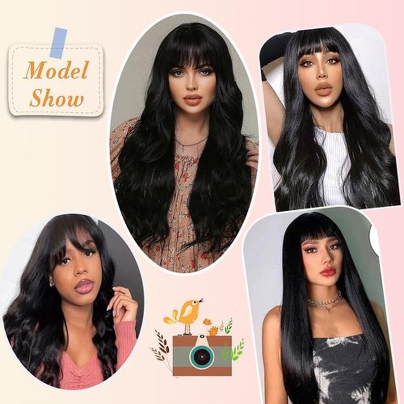 ponyttda 26 Inch Black Wig with Bangs Long Wavy Black Wigs for Women Natural Black Curly Hair Wig Heat Resistant Black Wavy Synthetic Wig for Daily Party Use