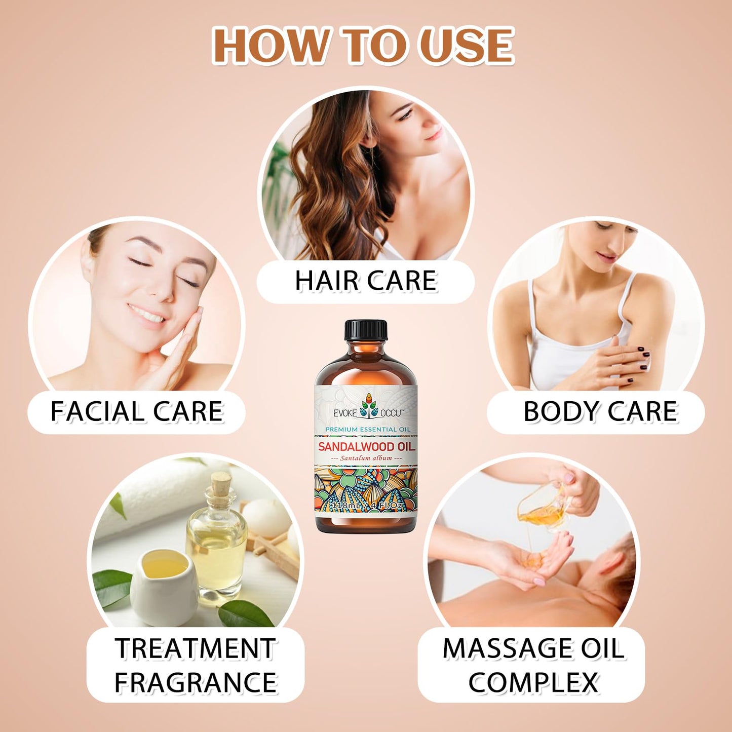EVOKE OCCU Sandalwood Essential Oils for Skin Care, Diffuser, Perfume, Candle and Soap Making - 4 FL Oz