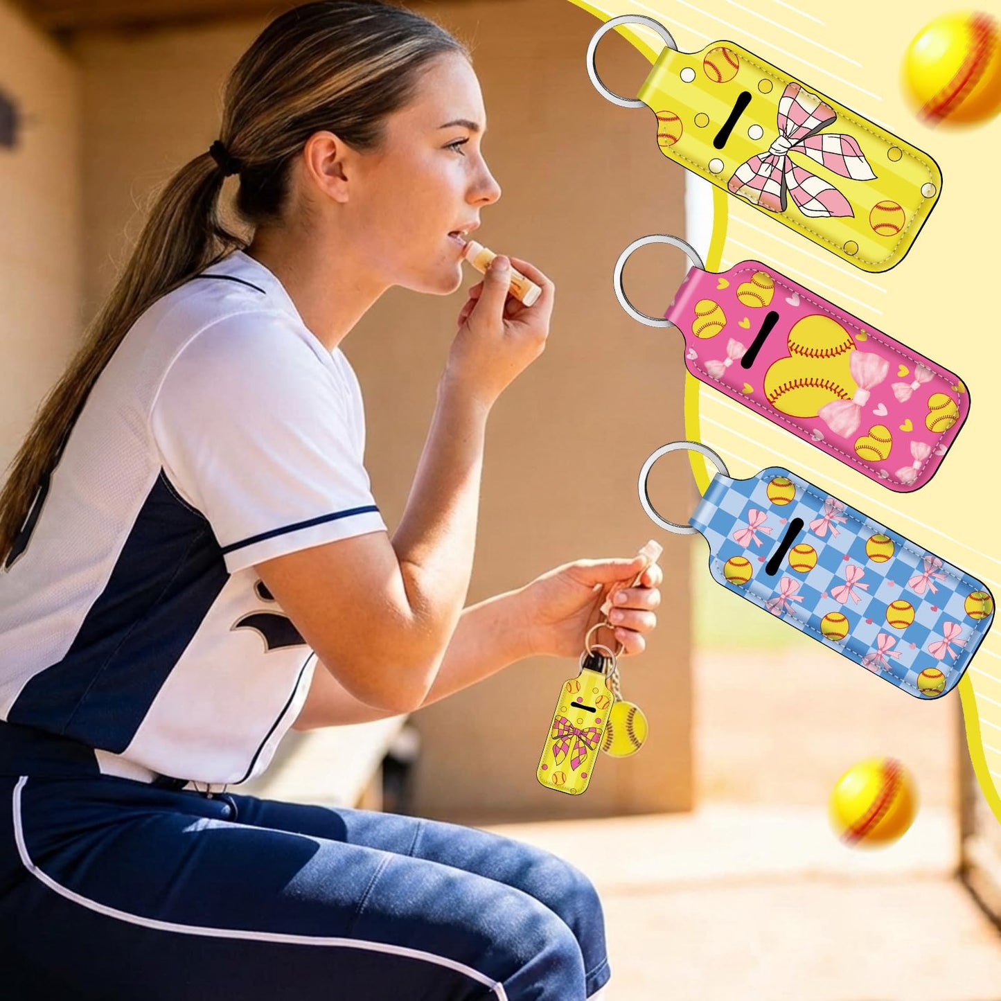 Ctosree 20 Pcs Coquette Softball Party Favors Lipstick Holder Keychains Bulk Softball Bow Lip Balm Holder Keychain Sport Ball Team Gifts Bulk for Sports Team Fans Birthday Party Supplies
