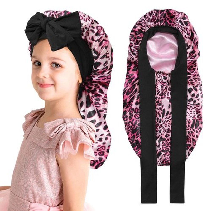Kids Long Hair Bonnet for Sleeping - Double Layer Girls Elastic Satin Bonnet with Tie Band for Braid Curly Hair (Pink Leopard+Pink)