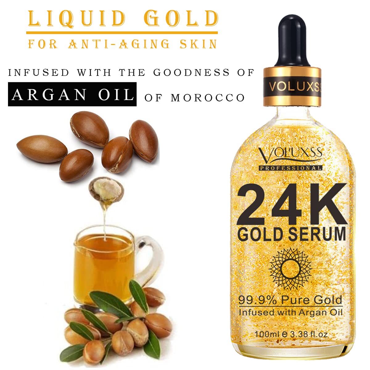 Voluxss 24K Gold Serum for Face,Skin Brightening Anti Aging Face Serum Moisturizer with Vitamin C,Hyaluronic Acid & Argan Oil for Dark Spots & Fine Lines,Korean Skin Care Glow Collagen Booster