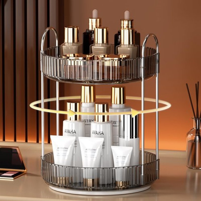 YCIA&DONE 360 Rotating Makeup Organizer and Storage for Vanity Countertop 2 Tiers, High Capacity Cosmetic Skincare Perfume Organizer for Dresser Bathroom Lazy Susan Organizer(Smoky Gray)