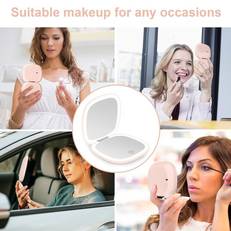 deweisn Compact Mirror, Lighted Travel Makeup Mirror with 1X/10X Magnifying Double Sided Dimmable Portable Pocket Mirror for Handbag and Pocket, USB Charging(Pink)