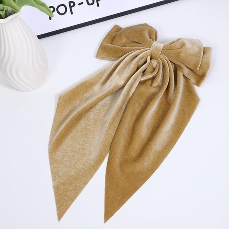 Khaki Velvet Large Hair Bow Long Tail Bowknot Hair Barrette Clip 8.26 Inch Women Girls Fall Winter Ponytail Holder Hair Accessories