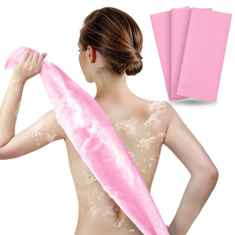 ARCH&M Exfoliating Washcloth Exfoliating Body Scrubber Back Scrubber for Shower Japanese Bath Wash Cloth Korean Exfoliating Luffah Towel Beauty Washcloth Sponge Loofah Body Scrub 3 Pack (Pink x 3)