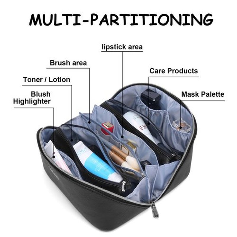 Travel Makeup Bags Cosmetic Organizer Bag: 3-Set Large Capacity Make up Bag - PU Leather Toiletry Bag for Women - Wide Open Portable Pouch with Divider & Handle (10-Black)