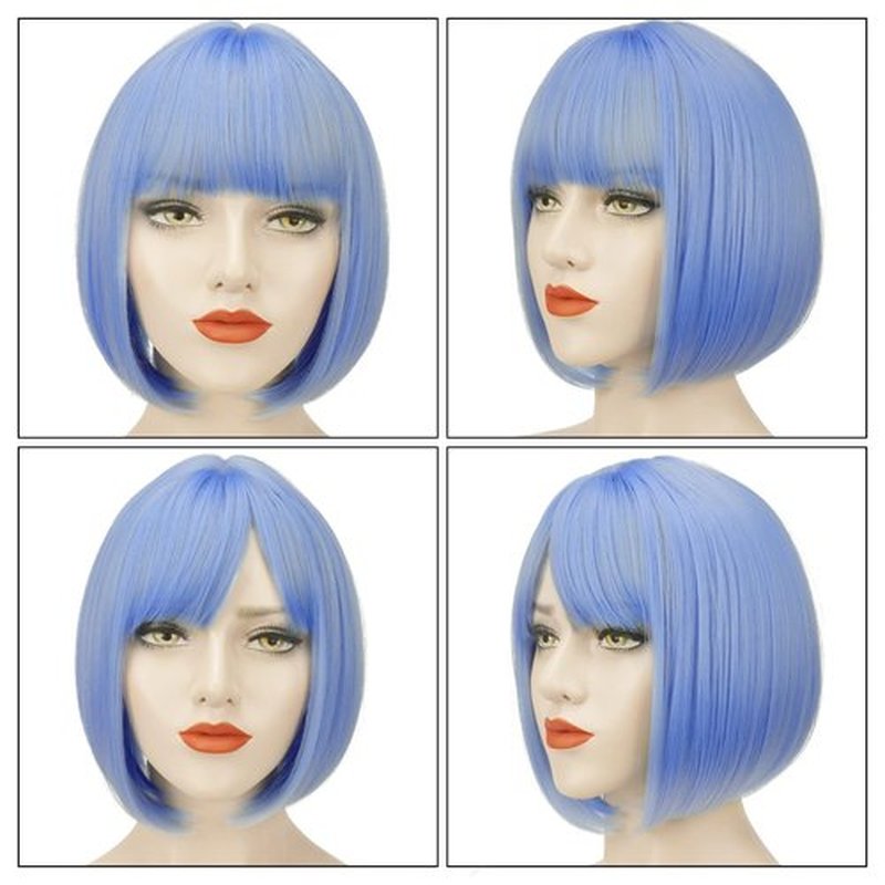 SOFEIYAN Short Straight Bob Wigs with Bangs 11 inch Synthetic Daily Party Cosplay Hair Wig for Black Women, Blue