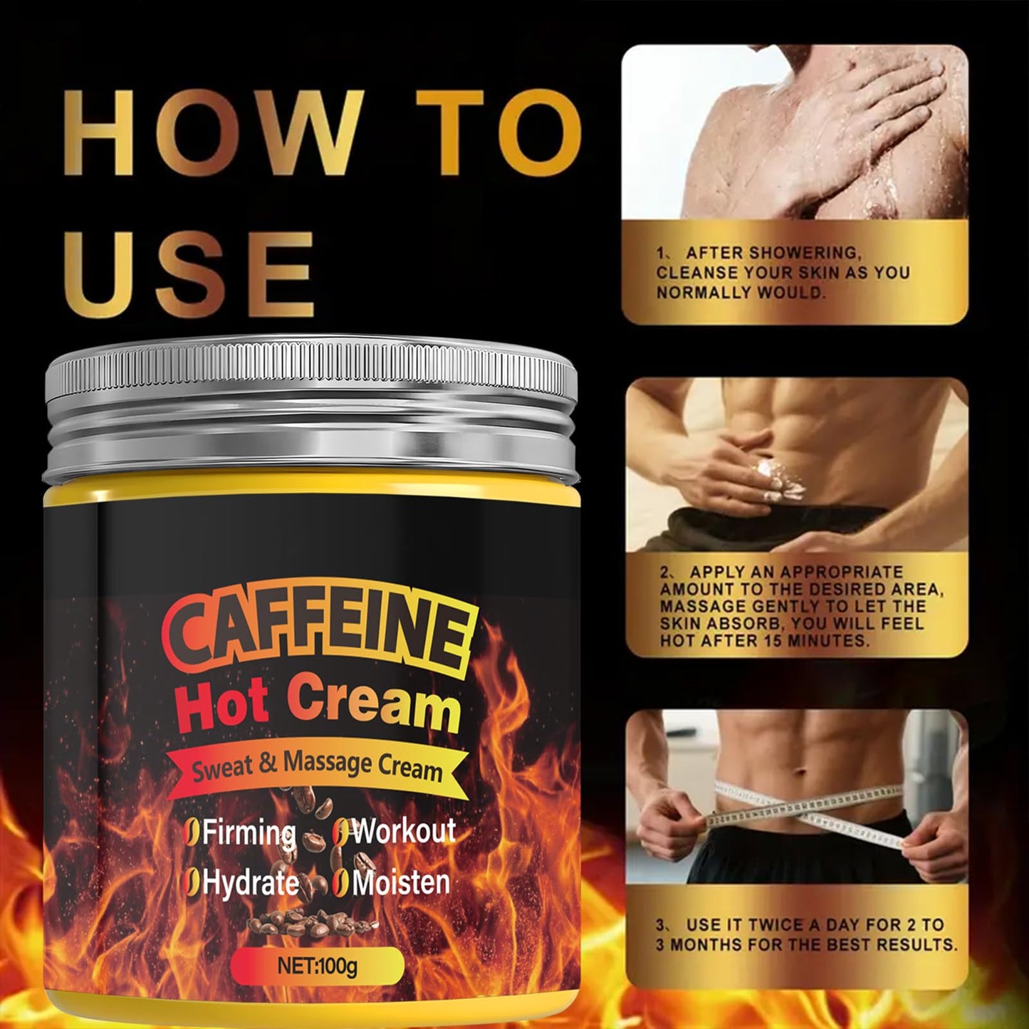 Caffeine Hot Cream，Sweat & Massage Cream，Belly Fat Burner Sweat Enhancer，Burns cellulite on thighs, legs, abdomen and buttocks，Suitable for both men and women，100g