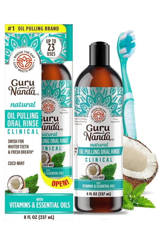 Old GuruNanda Whitening Pulling Oil & Dental Kit, Ayurvedic Blend of Coconut Oil & Pure Peppermint Essential Oil. Natural TeethWhitening Oral Rinse, Helps Bad Breath, Healthy Gums (8 fl. oz. x 2)