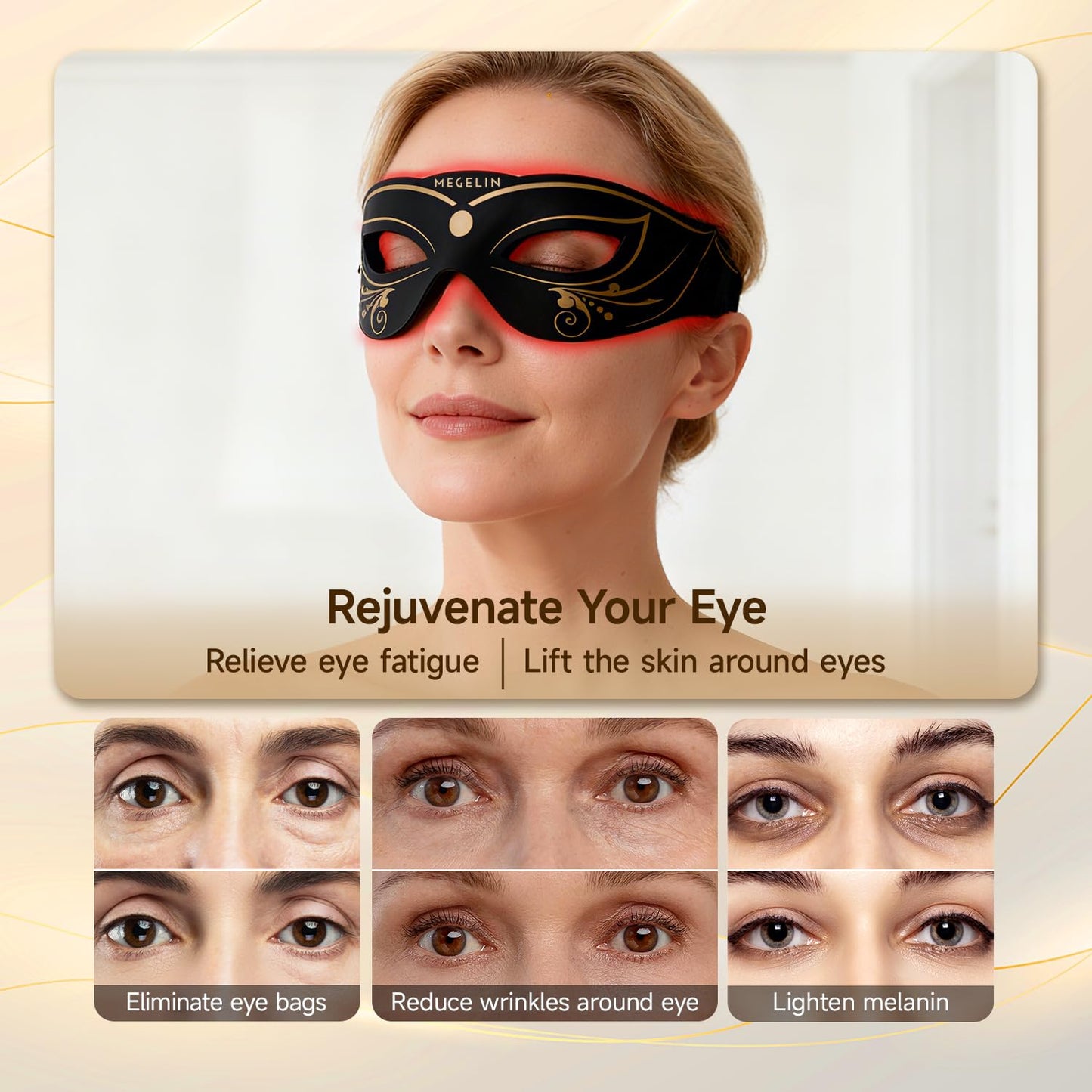 Megelin 3 Modes Red Light Therapy for Eyes, Under-Eye Red Light Therapy Glasses,Treatment of Periorbital Wrinkles and Rhytides,Relieving Eye Fatigue