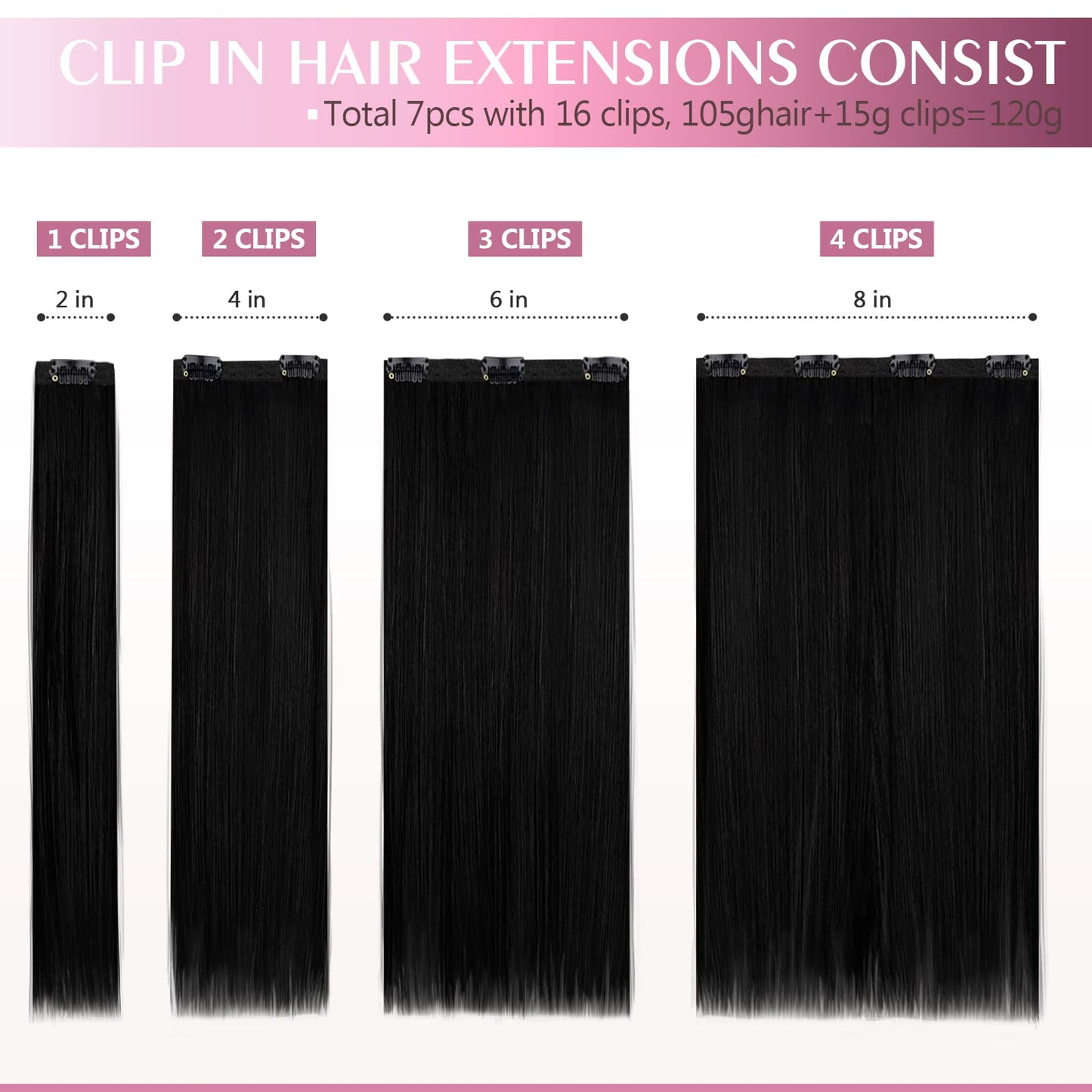 Fimislosion 16" Clip in Real Human Hair Extensions with Double Weft, 7pcs with 16clips,120 Gram(#1B Natural Black)