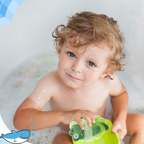 Nuenen 2 Pcs Bath Loofahs Kids Toddler Body Loofahs Cute Cartoon Kids Loofah Kid Bath Sponges Loofah Bath Pouf Body Scrubber Mesh Loofah Sponges for Children Shower Washing (Shark, Frog)