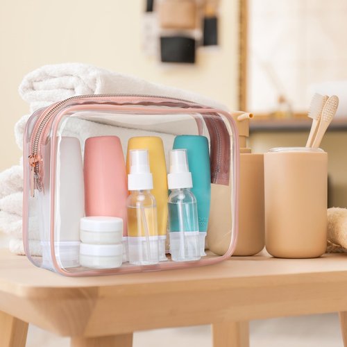 PACKISM TSA Approved Toiletry Bag with Bottles - Travel Essentials 8 Pack Leakproof 3.4oz Silicone Travel Bottles for Toiletries, Shampoo Conditioner Lotion Body Wash BPA Free, Pink