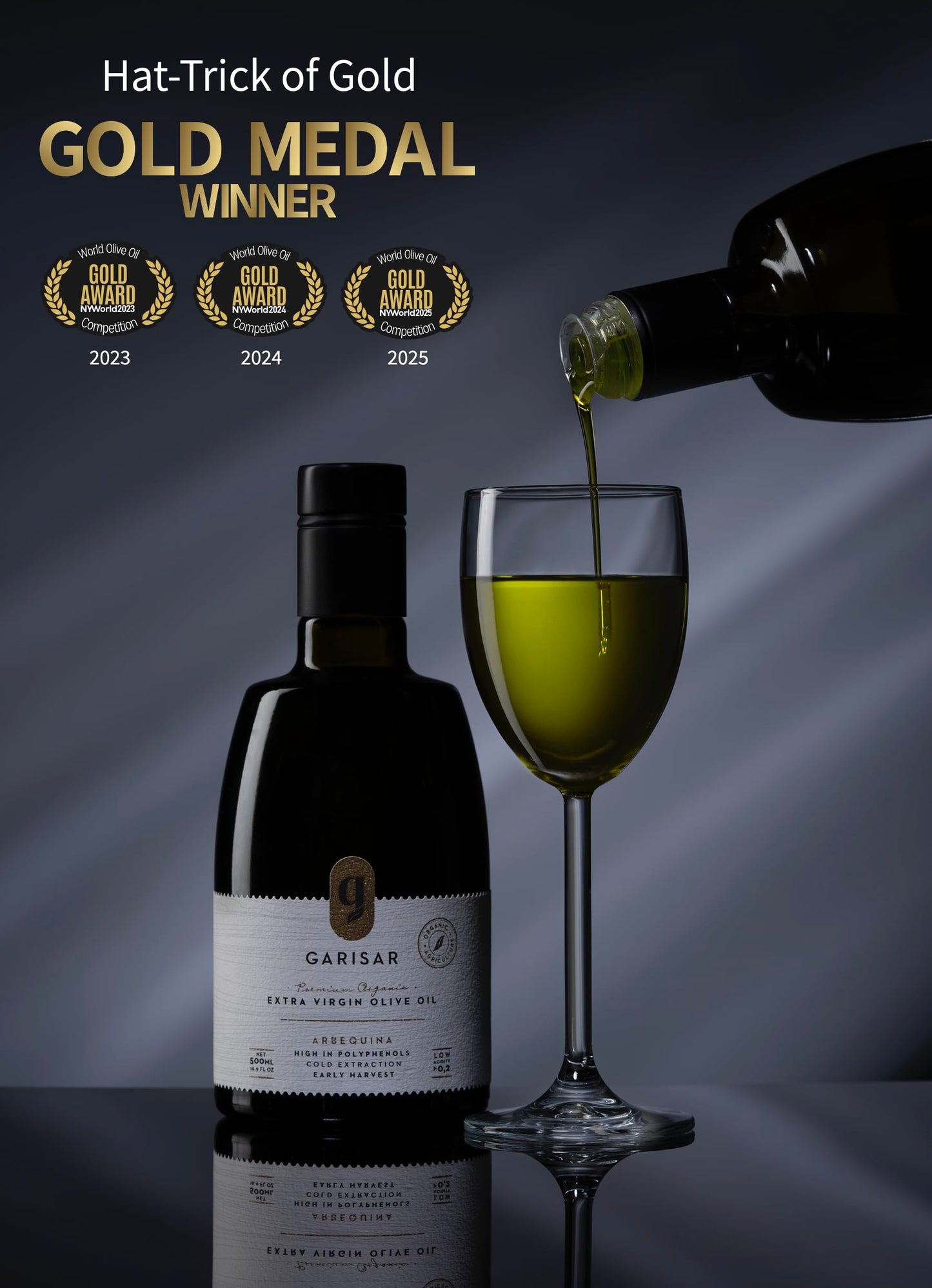 Garisar High In Polyphenol Premium Extra Virgin Olive Oil (>600 ppm), Low Acidity (Max 0.2%), NYIOOC 2025 Gold Medal Winner, Organic Agriculture Hand Picked, Cold Pressed, 100% Arbequina - Pack of 1