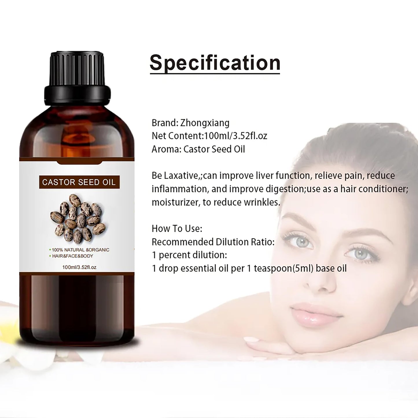 100% Pure Castor Essential Oil for Hair Growth,Non-GMO High Oleic Natural Organic Castor Seed for Skin,Dry Damaged Body & Face Moisturizing