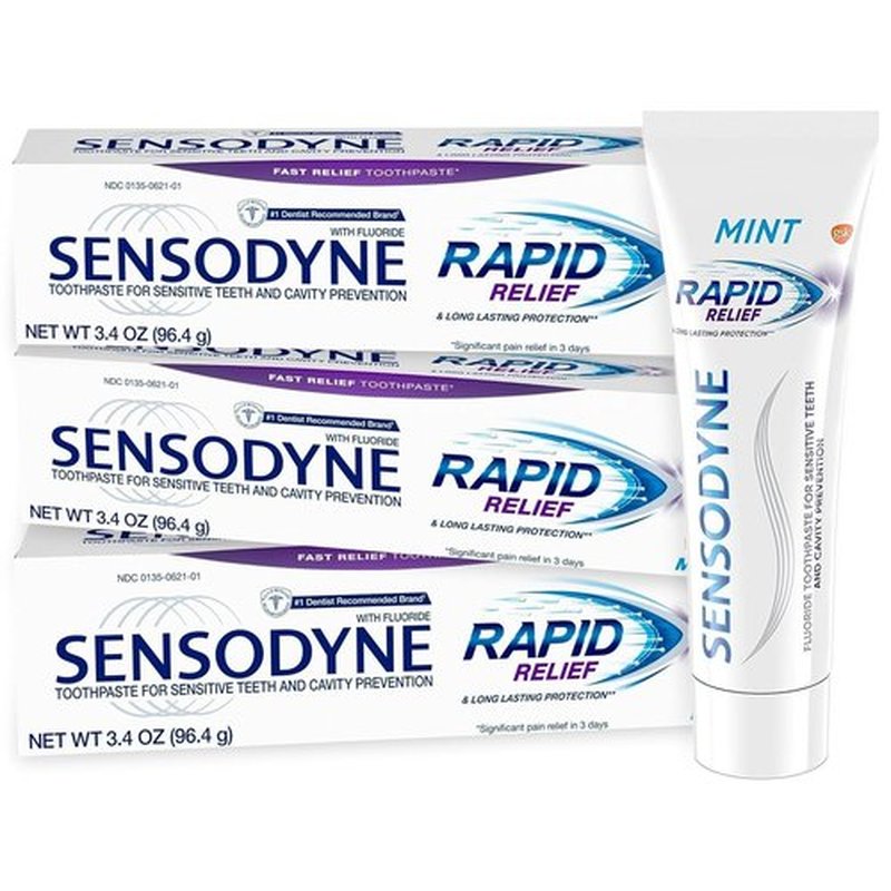 Sensodyne Rapid Relief Toothpaste for Sensitive Teeth, Mint with Fluoride, Adult Sensitive Toothpaste for Painful Teeth and Gums, Long Lasting Protection, 3.4 oz (Pack of 3)