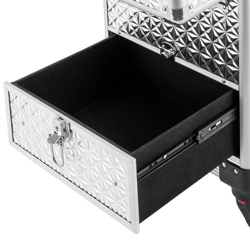 Rolling Makeup Train Case with Drawers&4 Wheel, Professional Aluminum Cosmetic Trolley Cases, Manicure Storage Case Trolley Makeup Case, Portable Beauty/Hair Styling Travelling Cart Trunk (Silver)