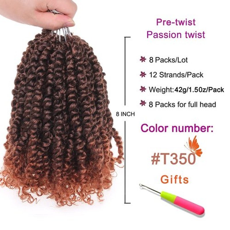ZRQ Short 8 Packs Pre-twisted Bob Passion Twist Crochet Hair with Curly Ends 8 Inch Pre looped Ombre Copper Red Passion Twists Hair 12 Roots/Pack Synthetic Crochet Braids Hair for Women T350#