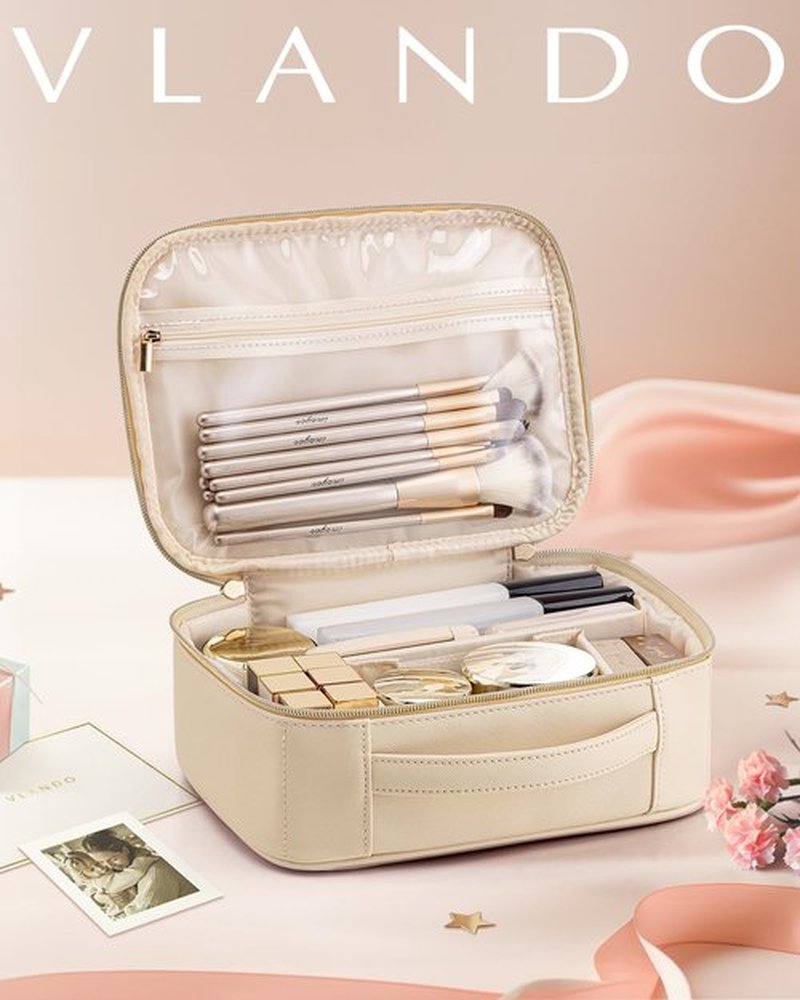 Vlando Travel Makeup Bag,Portable Cosmetic Bag Makeup Case Organizer, Makeup Bag with Adjustable Dividers for Women,Girls,Wedding,Cosmetic Brushes,Toiletry,Gifts,Anniversary-Beige