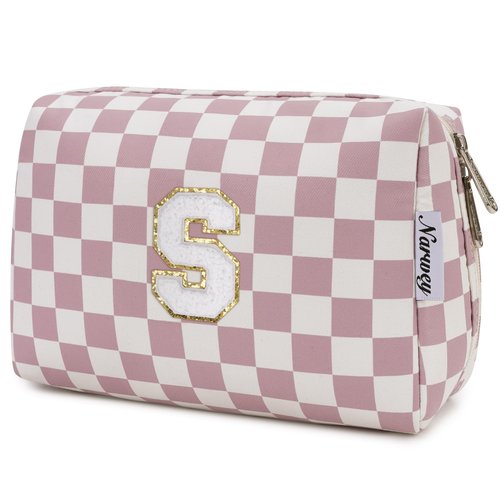 Narwey Personalized Initial Makeup Bag Toiletry Bag Gifts for Women Girls Large Checkered Makeup Bag Zipper Pouch Travel Cosmetic Bag Organizer for Women (Dusty Rose Checkerboard Letter S)