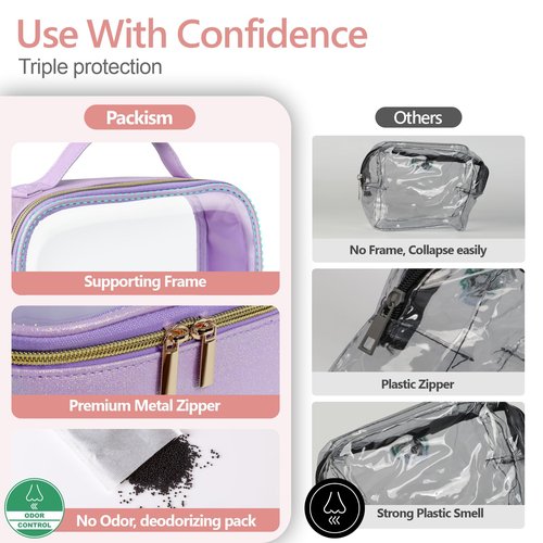 PACKISM TSA Approved Toiletry Bag - Glitter Textured Clear Travel Bag, Personalized and Fashion, with 180° Large Opening and Supporting Frame, Perfect for Travel Essentials, Thick No Smell, Purple