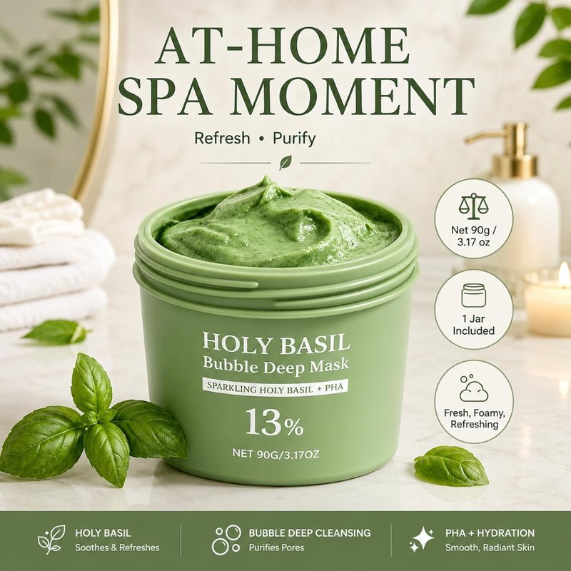 Holy Basil Bubble Deep Mask - Clay-to-Foam Facial Mask with PHA & Extract | Gentle Cleansing & Hydrating 90g (Green)
