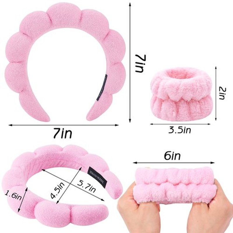 Zkptops Spa Headbands for Women Girls Sponge Cute Pink Makeup Skin Care Headband Wristbands Set for Washing Face Towels Bubble Soft Hairband Puffy Headwear Winter Non Slip Thick Thin Hair Accessory